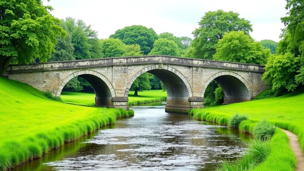 Historic stone bridge with multiple arches spanning across the Boyne River valley with lush green banks