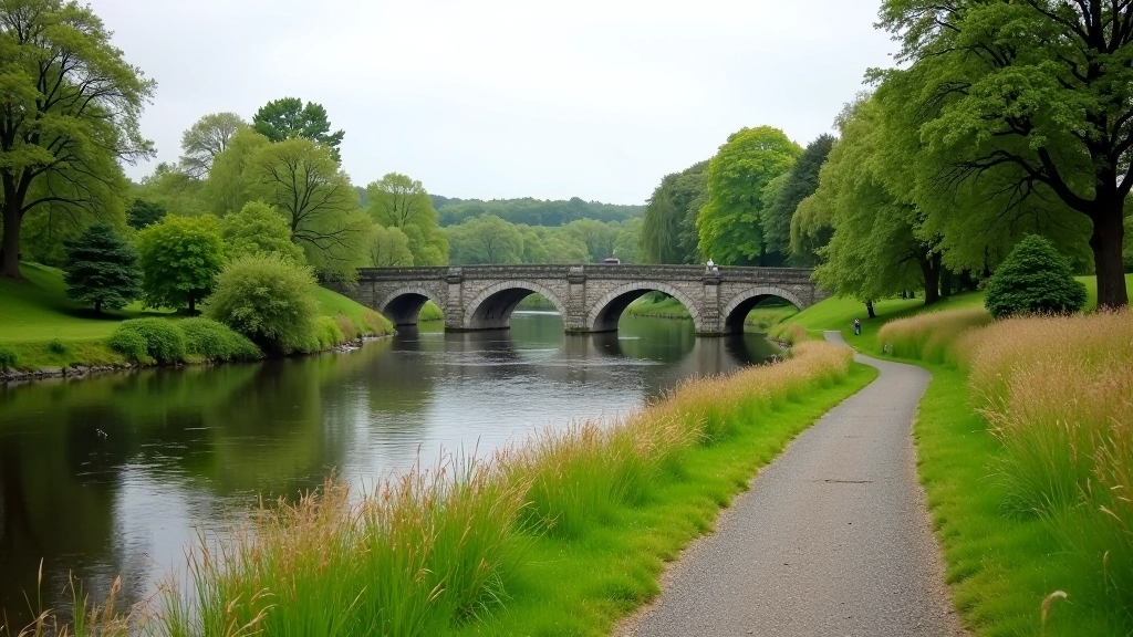 Wide meadow path following alongside Boyne River with historic stone bridge visible in distance